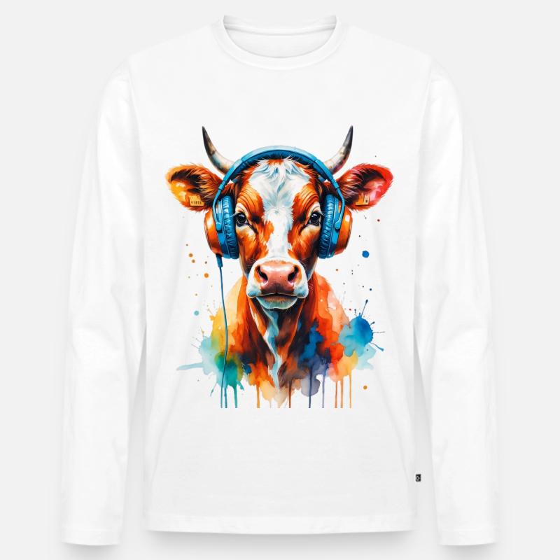 Kuh mit Kopfhörer Popart - Männer Premium Bio Langarmshirt - Weiß