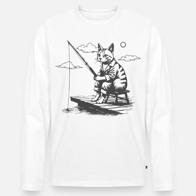 Nächtlicher Katzenangler - Männer Premium Bio Langarmshirt - Weiß