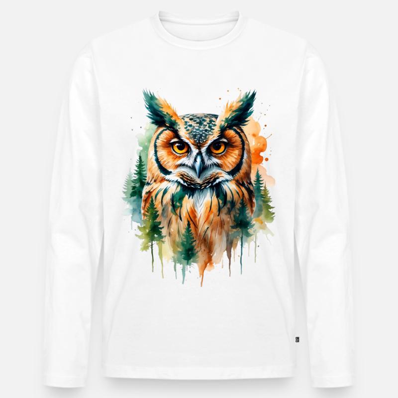 Wasserfarbene Eule im Walddesign - Männer Premium Bio Langarmshirt - Weiß
