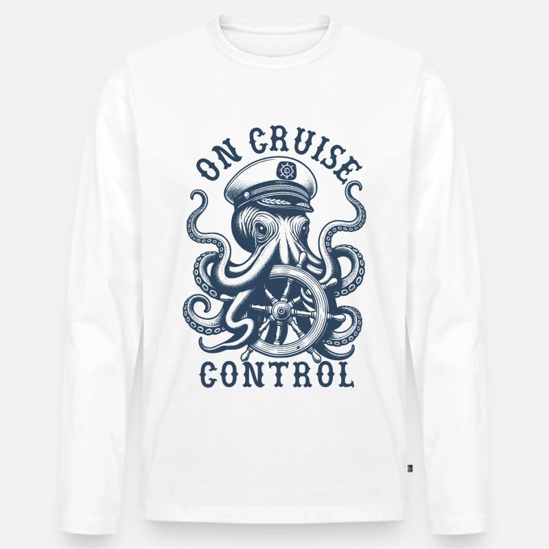 Am Tempomat Captain Octopus Lenkrad - Männer Premium Bio Langarmshirt - Weiß