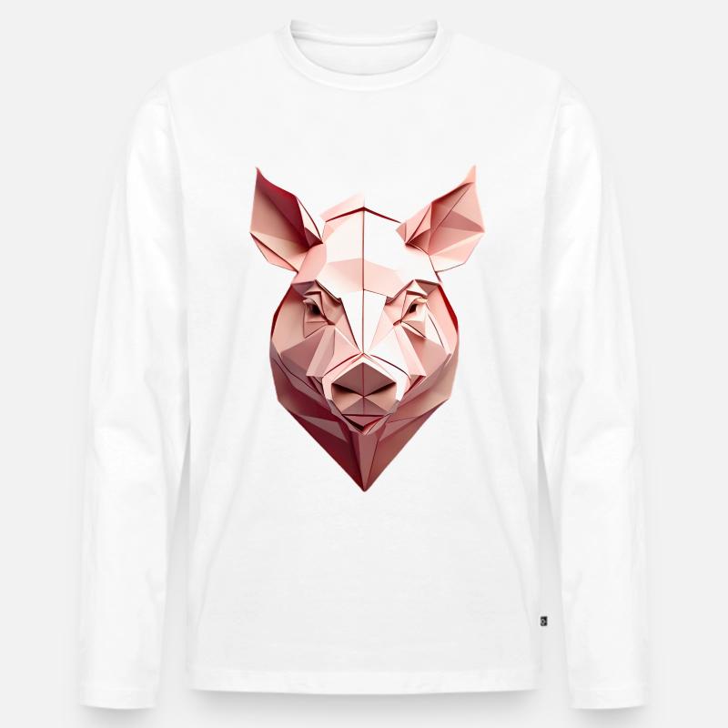 Low-Poly Schwein Kopf Pink - Männer Premium Bio Langarmshirt - Weiß