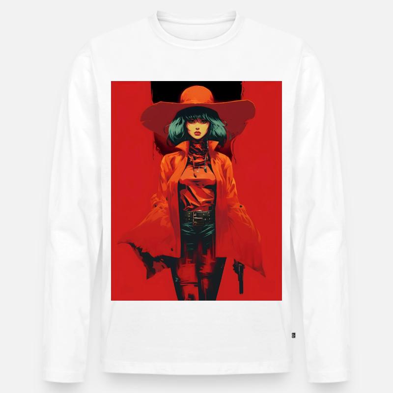 Frau mit Orange Mantel Breiter Hut - Männer Premium Bio Langarmshirt - Weiß