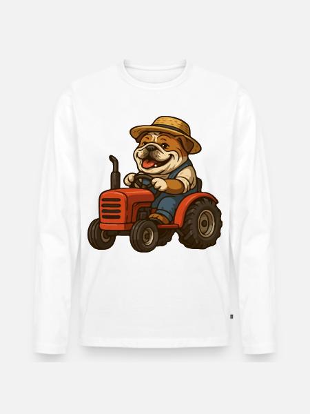 Cute Bulldog Farmer Driving Red Tractor Cartoon - Men's Premium Organic Long Sleeve Shirt - white