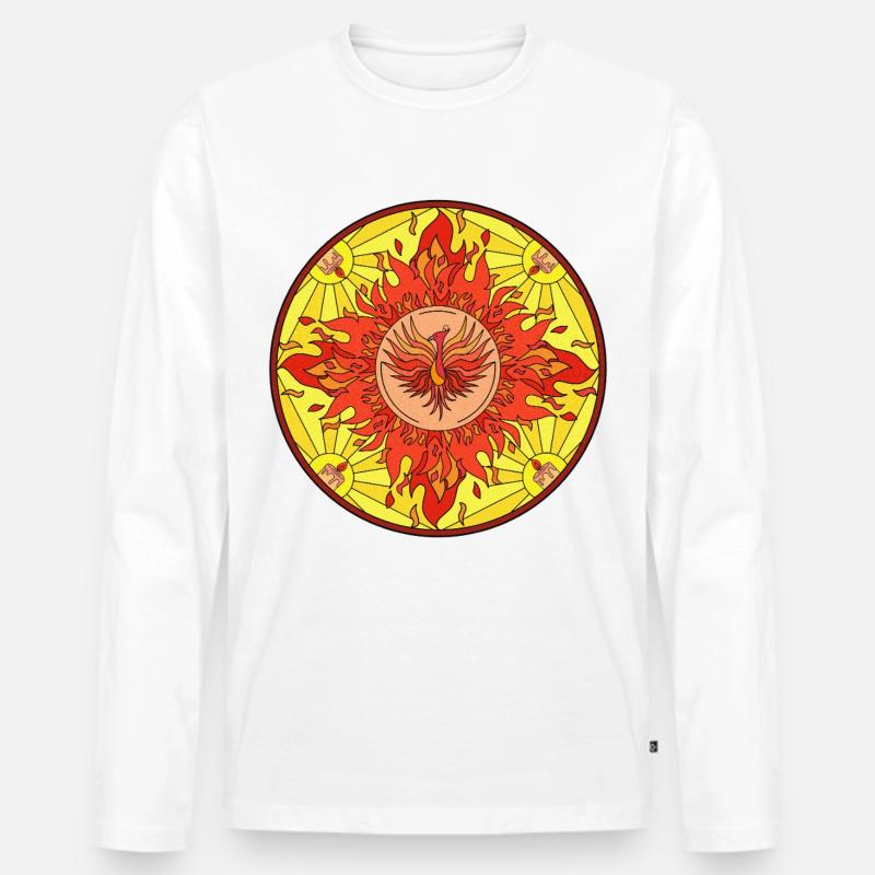 Flammender Phönix im Sonnenkreis - Männer Premium Bio Langarmshirt - Weiß