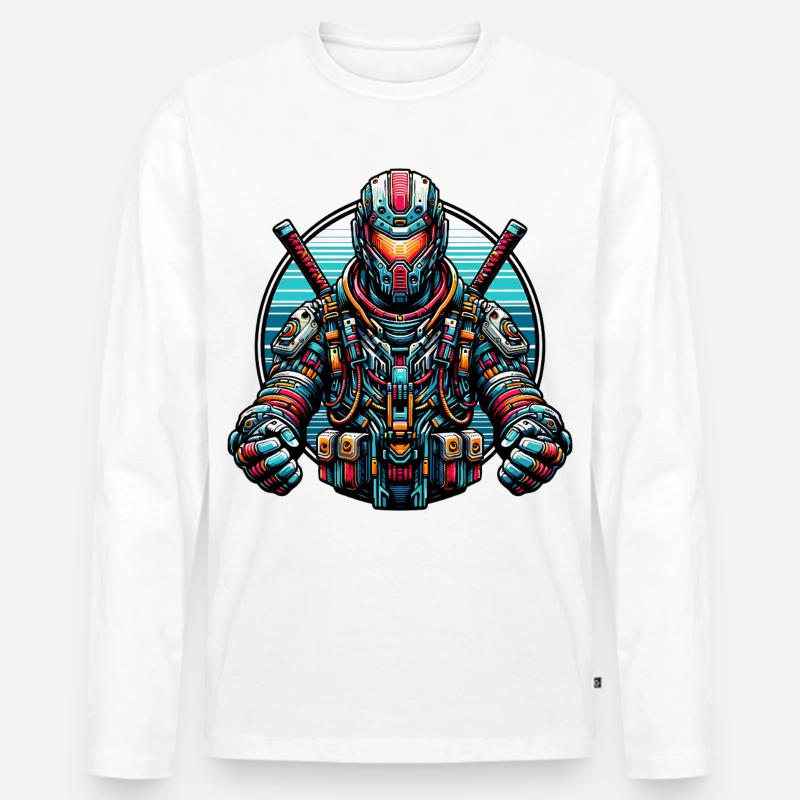 Robot Samurai - Männer Premium Bio Langarmshirt - Weiß