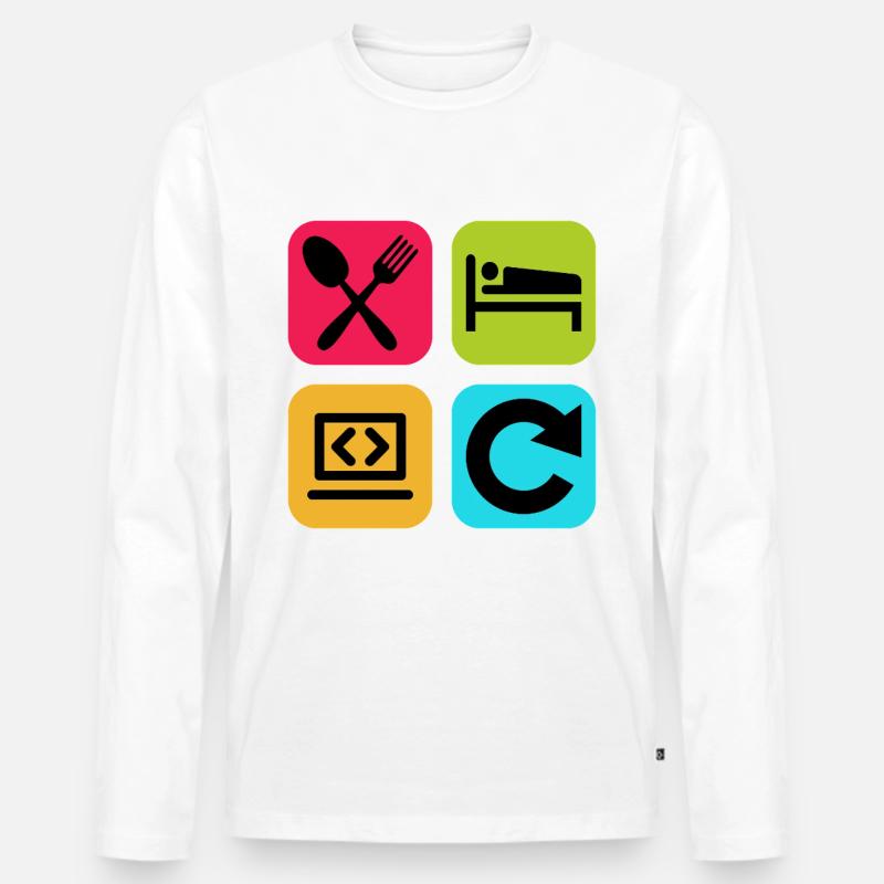 Essen, schlaf, Programm wiederholen, lustiger Zitatcode - Männer Premium Bio Langarmshirt - Weiß