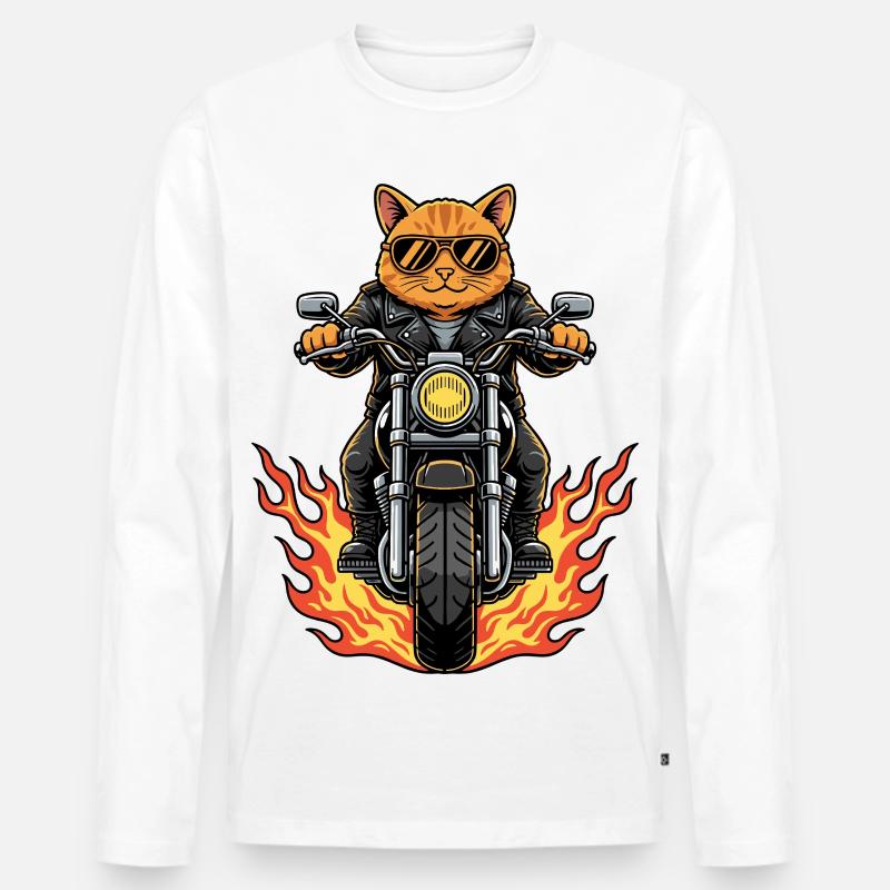 Coole Biker Katze Motorradflammen - Männer Premium Bio Langarmshirt - Weiß