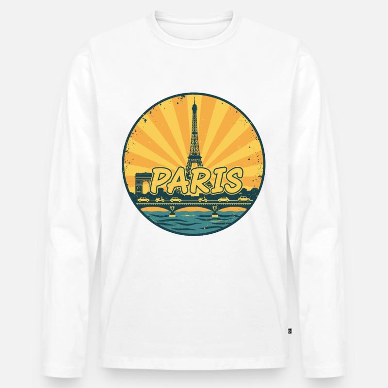 Paris City Skyline Eiffelturm Retro Sonnenuntergangsabzeichen - Männer Premium Bio Langarmshirt - Weiß