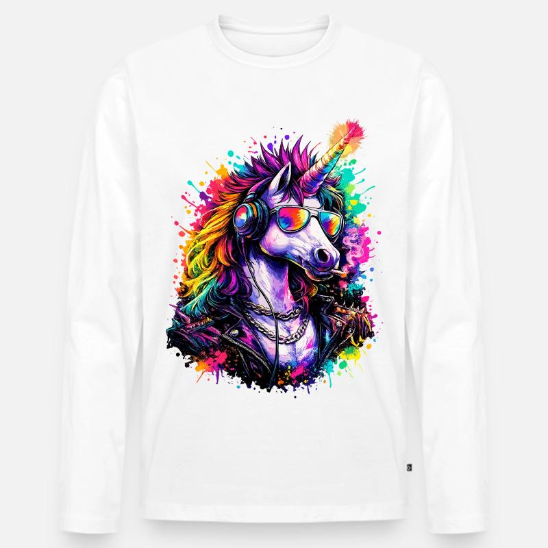 Cooles Einhorn DJ mit Kopfhörern - Männer Premium Bio Langarmshirt - Weiß