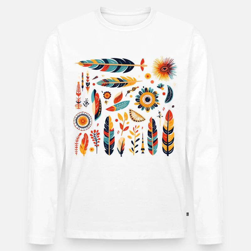 Boho Feder und Blüten Muster - Männer Premium Bio Langarmshirt - Weiß