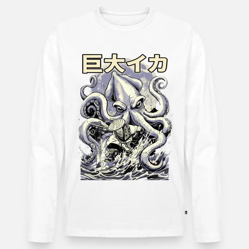 Fischer vs Kraken Japanischer Retro Style  - Männer Premium Bio Langarmshirt - Weiß