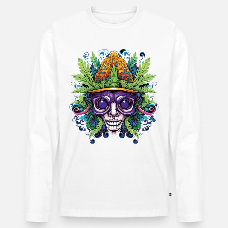 Psychedelischer Schädel mit Blattkrone - Männer Premium Bio Langarmshirt - Weiß