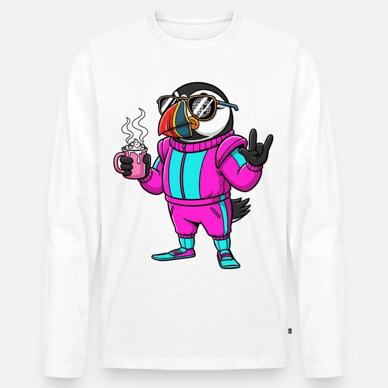 Stylischer Vogel im Ski-Overall mit Kaffee - Männer Premium Bio Langarmshirt - Weiß