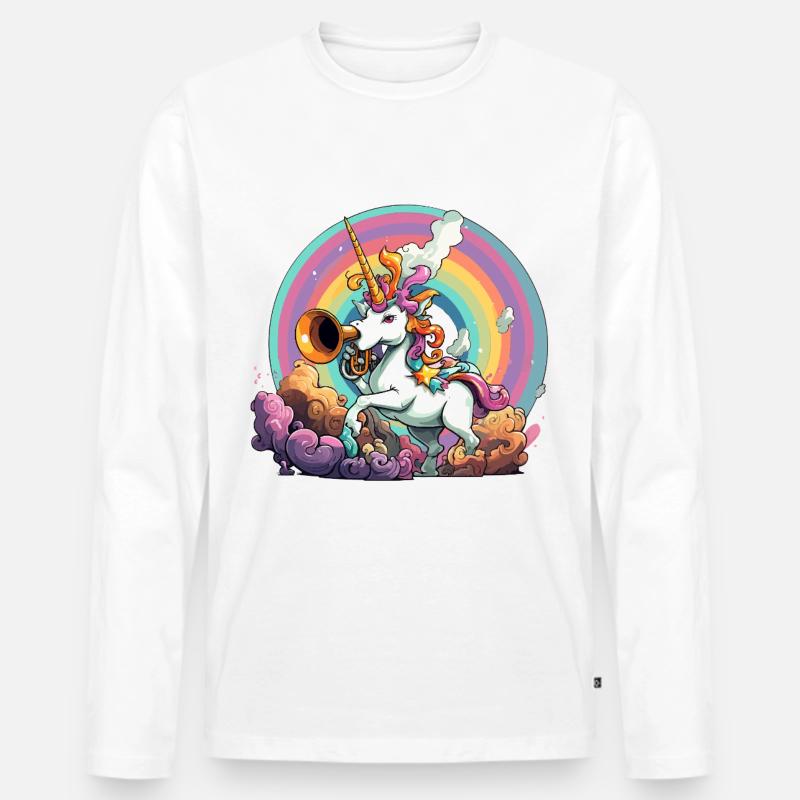 Regenbogen-Unicorn mit Trompete - Männer Premium Bio Langarmshirt - Weiß