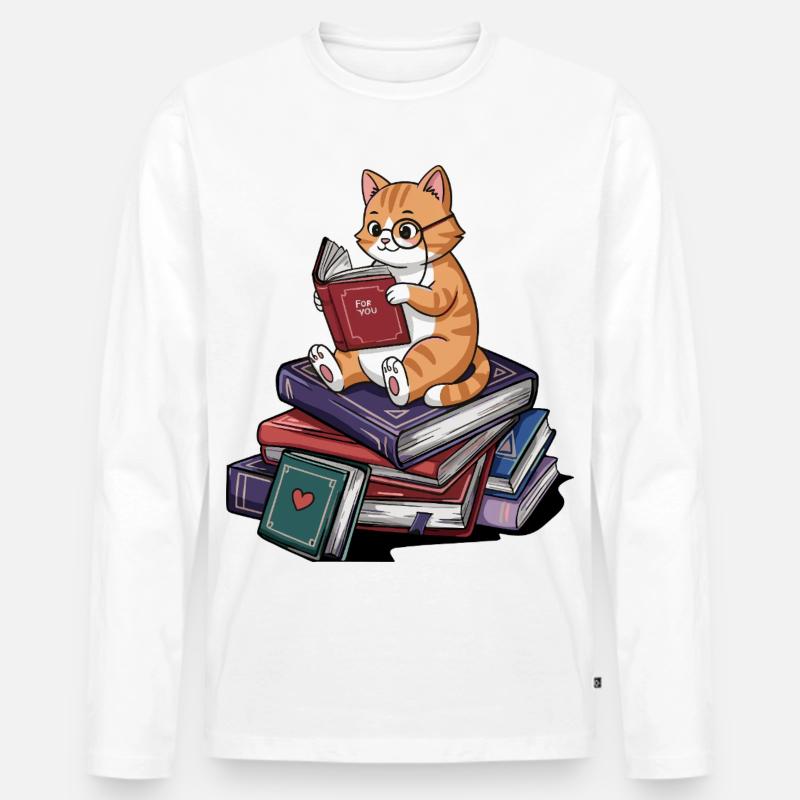 Bücherwurm-Katze Kätzchen liest Bücher Kunst - Männer Premium Bio Langarmshirt - Weiß