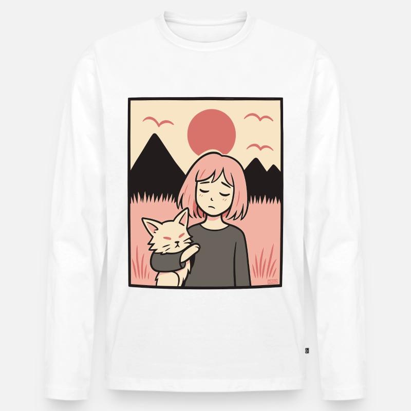 Mädchen mit Katze vor Bergen - Männer Premium Bio Langarmshirt - Weiß