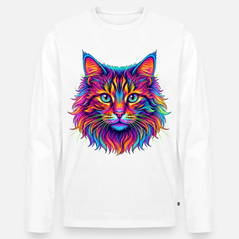 Neon Katzenkopf Farbexplosion - Männer Premium Bio Langarmshirt - Weiß