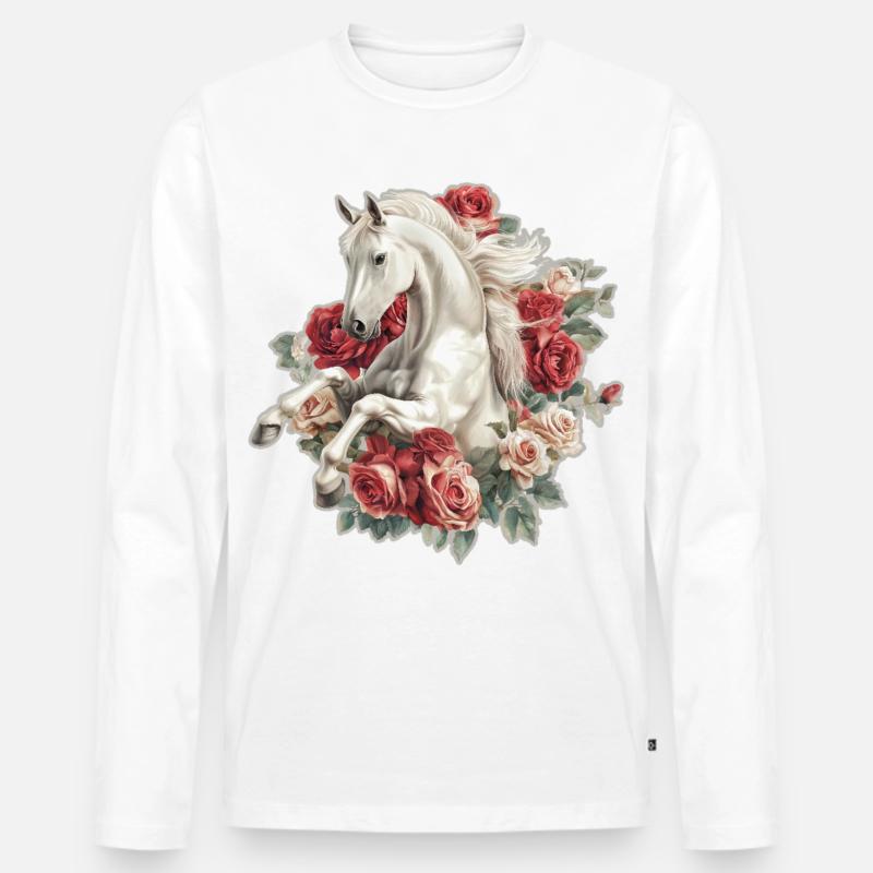 Pferd mit Rosen - Männer Premium Bio Langarmshirt - Weiß