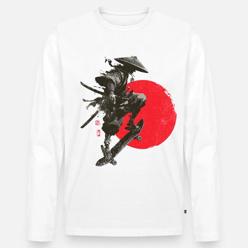 Silhouette eines Samurai-Skaters mit roter Sonne - Männer Premium Bio Langarmshirt - Weiß