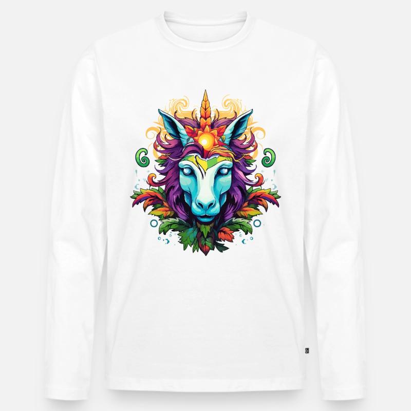 Buntes Einhornporträt mit Blattkrone - Männer Premium Bio Langarmshirt - Weiß