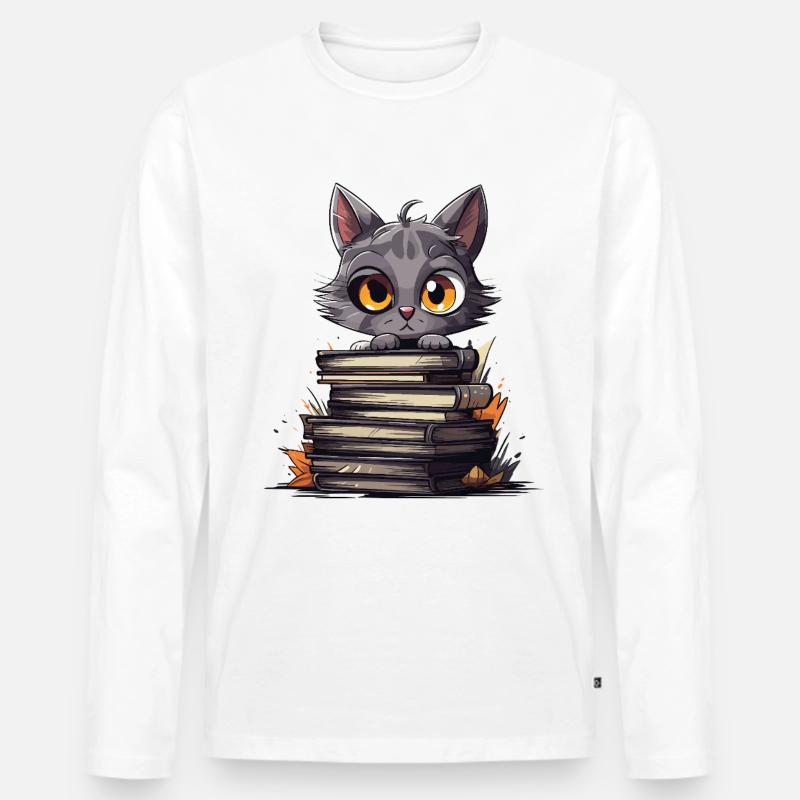 Kätzchen über Bücherstapel - Männer Premium Bio Langarmshirt - Weiß