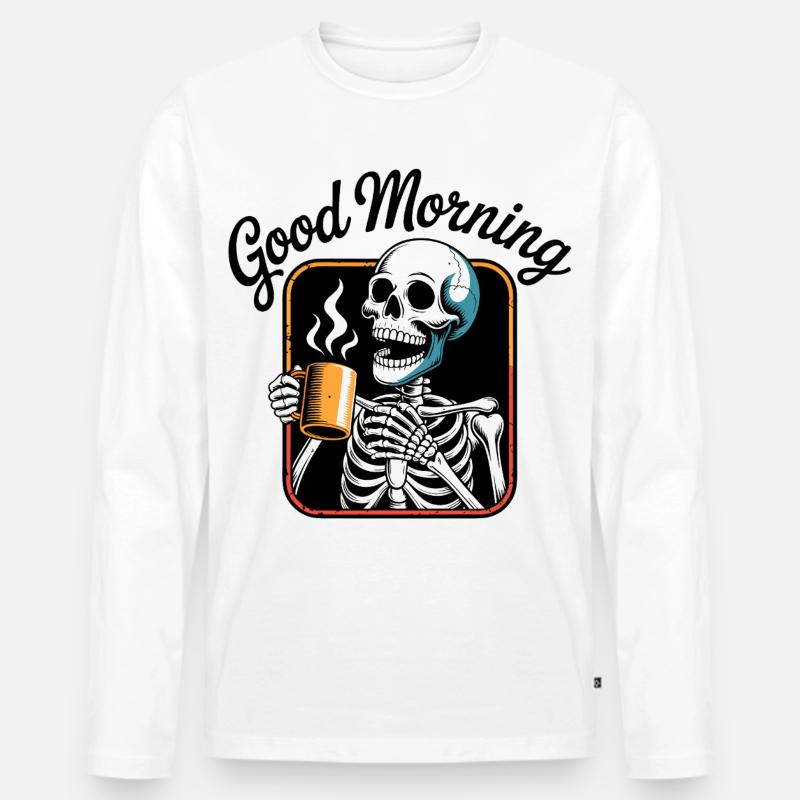 Kaffee-Skelett mit dampfender Tasse - Männer Premium Bio Langarmshirt - Weiß