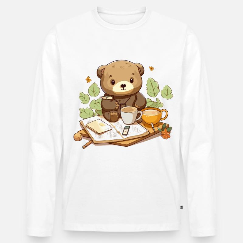 Kuschelbär beim Lesen mit Kaffee - Männer Premium Bio Langarmshirt - Weiß