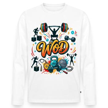 WOD Fitness Muscu Entraînement Cross Sport salle - T-shirt manches longues Premium bio Homme - blanc - Devant - Nico (187cm)