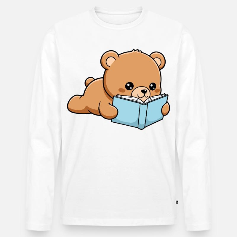 Buchbär Lustiger Bär liest Buch - Männer Premium Bio Langarmshirt - Weiß