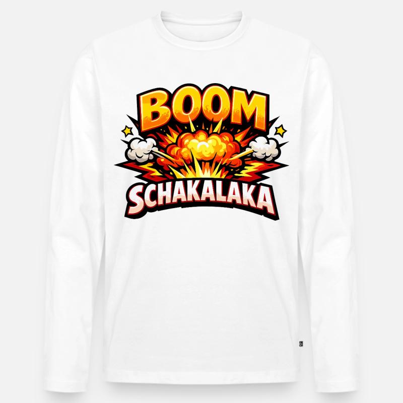 Boom Schakalaka Comic Spruch mit Explosion - Männer Premium Bio Langarmshirt - Weiß