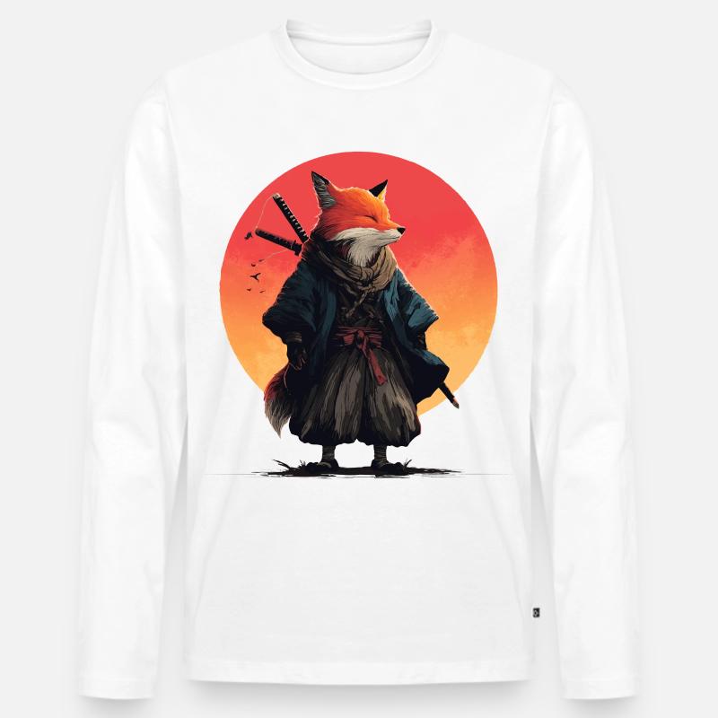 Fuchs-Samurai bei Sonnenuntergang - Männer Premium Bio Langarmshirt - Weiß