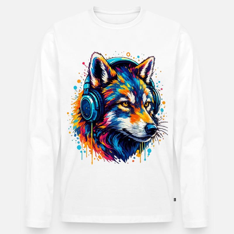 Fuchs mit Neon Kopfhörer Kunst - Männer Premium Bio Langarmshirt - Weiß