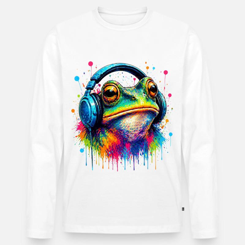Farbexplosion Frosch mit Kopfhörern - Männer Premium Bio Langarmshirt - Weiß