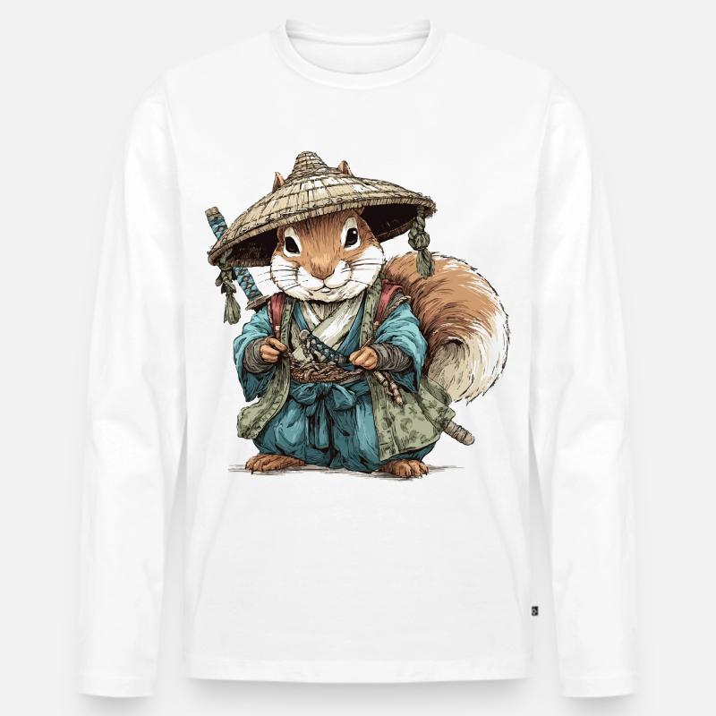 Eichhörnchen-Samurai im blauen Kimono - Männer Premium Bio Langarmshirt - Weiß