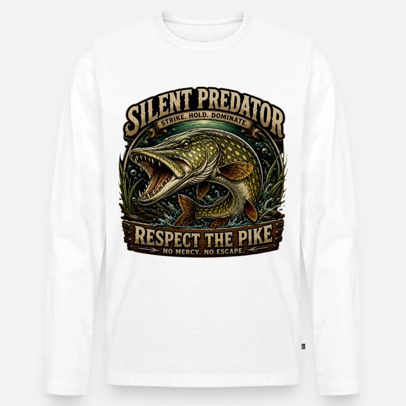 Silent Predator – Aggressives Hechtfang-Design - Männer Premium Bio Langarmshirt - Weiß