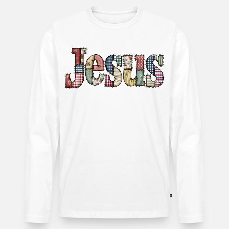 Patchwork Jesus Lettering - Men's Premium Organic Long Sleeve Shirt - white