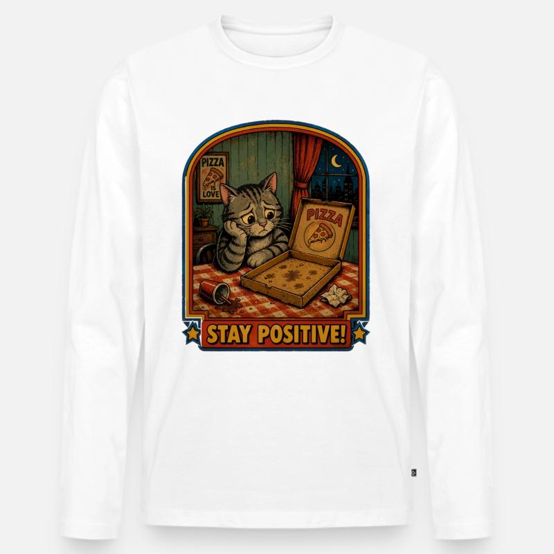 Pizza Abend Katze Stay Positive - Männer Premium Bio Langarmshirt - Weiß