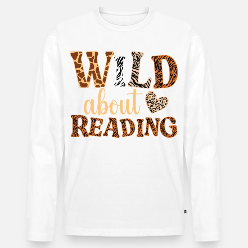 WILD über Lesen: Tiermuster Buchstaben - Männer Premium Bio Langarmshirt - Weiß