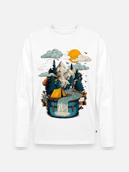 Mountain Lake Path - Camping Backpacker Motif - Men's Premium Organic Long Sleeve Shirt - white