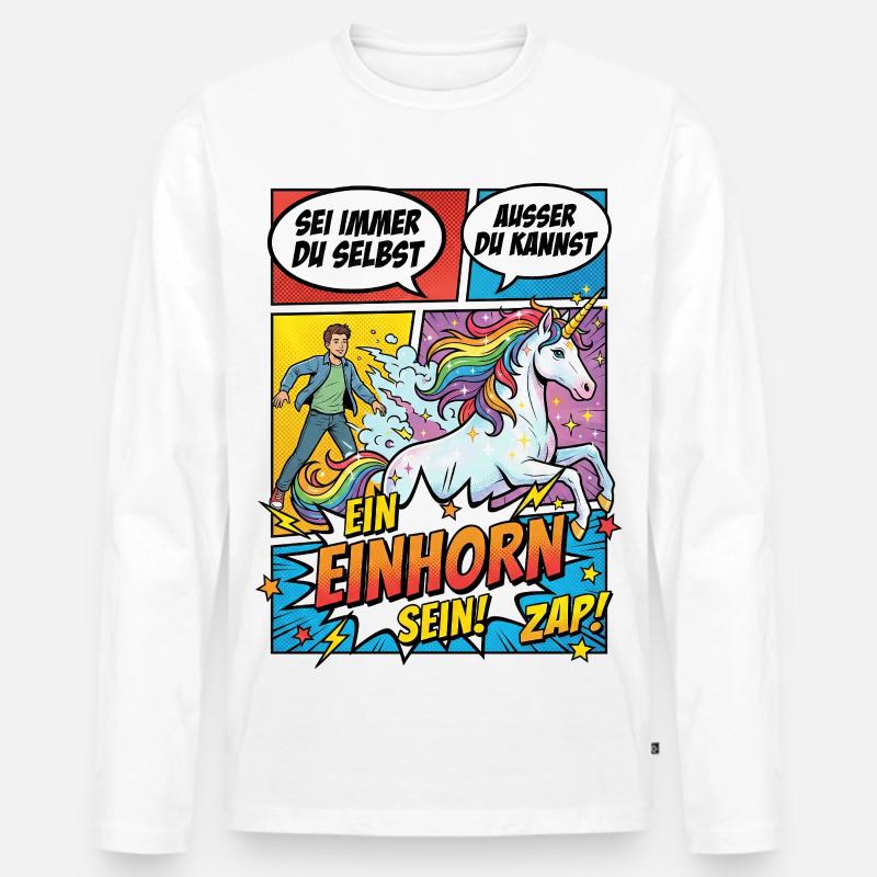 Einhorn Power im Pop-Comic - Männer Premium Bio Langarmshirt - Weiß
