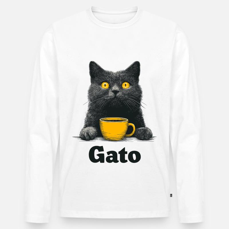 Gato Kaffee Blick Katze - Männer Premium Bio Langarmshirt - Weiß