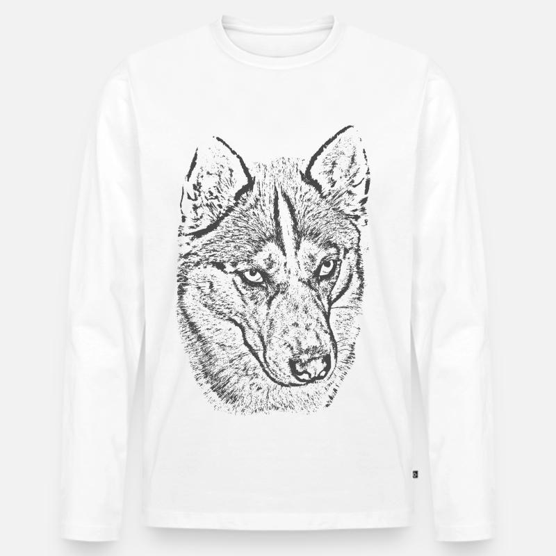 Wolfsblick Graustufen Illustration - Männer Premium Bio Langarmshirt - Weiß