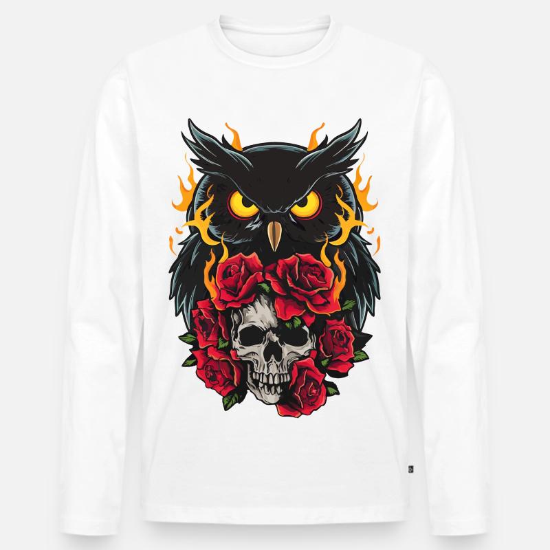 Mystische Eule sitzt auf Skull mit roten Rosen - Männer Premium Bio Langarmshirt - Weiß