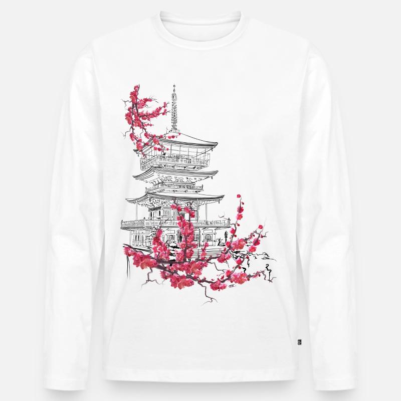 Pagode und Sakura - Männer Premium Bio Langarmshirt - Weiß