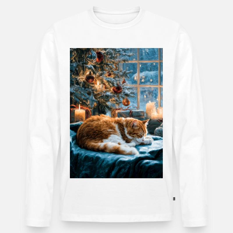 Gemütliches Weihnachts-Katzenschläfchen - Männer Premium Bio Langarmshirt - Weiß