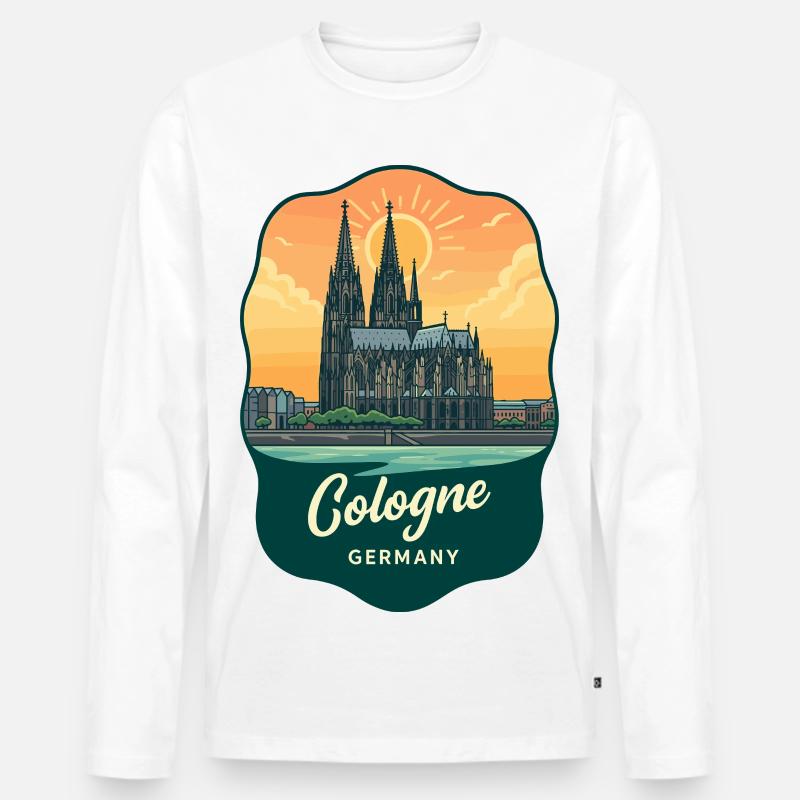 Kölner Dom, Retro-Sonnenuntergangsabzeichen - Männer Premium Bio Langarmshirt - Weiß