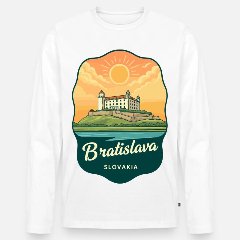 Bratislava-Schloss Retro Sonnenuntergangs-Reiseabzeichen - Männer Premium Bio Langarmshirt - Weiß