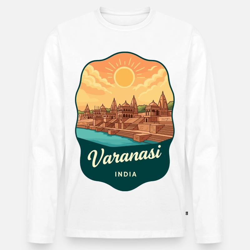 Varanasi-Ganges-Fluss Retro-Sonnenuntergangs-Reiseabzeichen - Männer Premium Bio Langarmshirt - Weiß