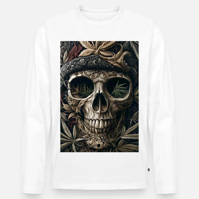 Schädel mit Hanfblattkranz - Männer Premium Bio Langarmshirt - Weiß