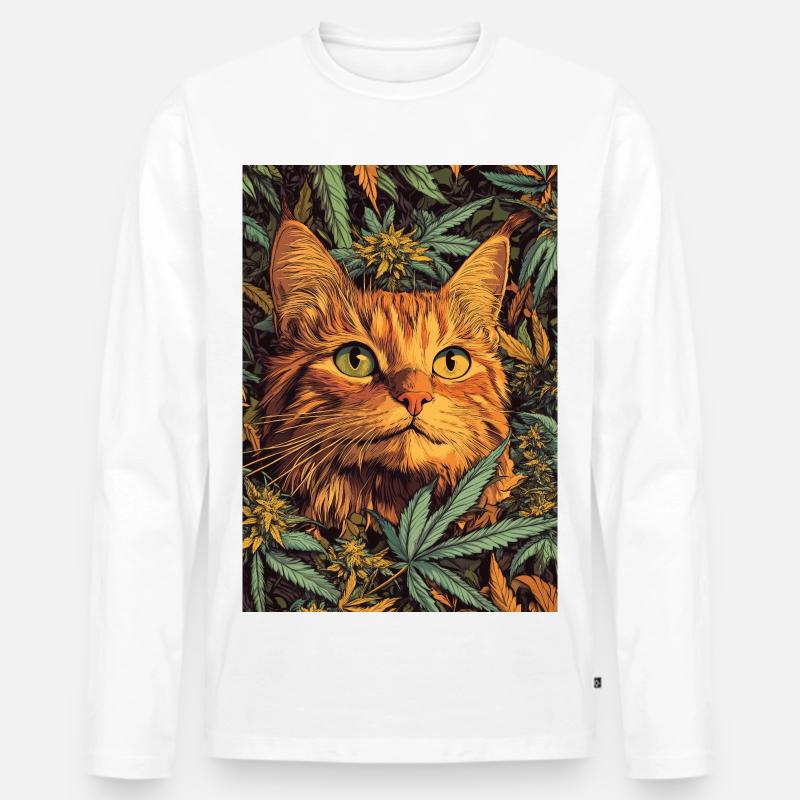 Katzengesicht im Hanfwald - Männer Premium Bio Langarmshirt - Weiß